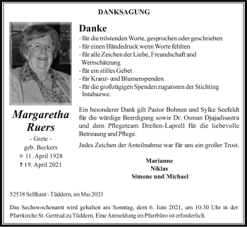 Traueranzeige von Margaretha Ruers von Zeitung am Sonntag