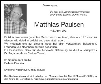 Traueranzeige von Matthias Paulsen von Zeitung am Sonntag