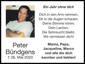 Traueranzeige von Peter Bündgens von Zeitung am Sonntag