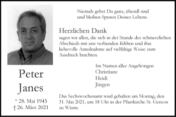 Traueranzeige von Peter Janes von Zeitung am Sonntag