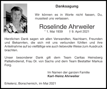 Traueranzeige von Roselinde Ahrweiler von Zeitung am Sonntag