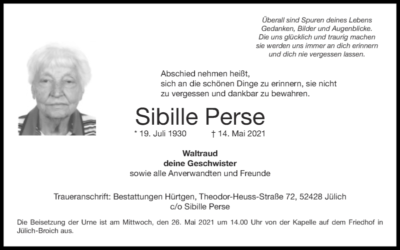  Traueranzeige für Sibille Perse vom 23.05.2021 aus Zeitung am Sonntag