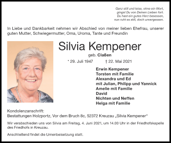 Traueranzeige von Silvia Kempener von Zeitung am Sonntag