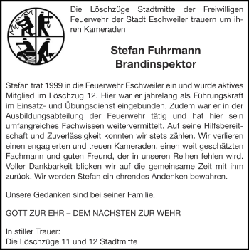 Traueranzeige von Stefan Fuhrmann von Zeitung am Sonntag