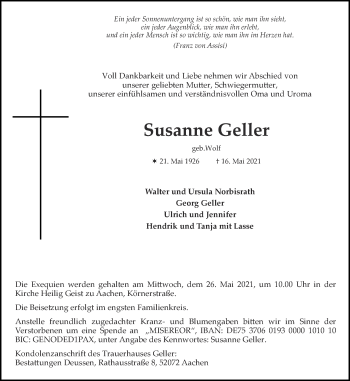 Traueranzeige von Susanne Geller von Aachener Zeitung / Aachener Nachrichten