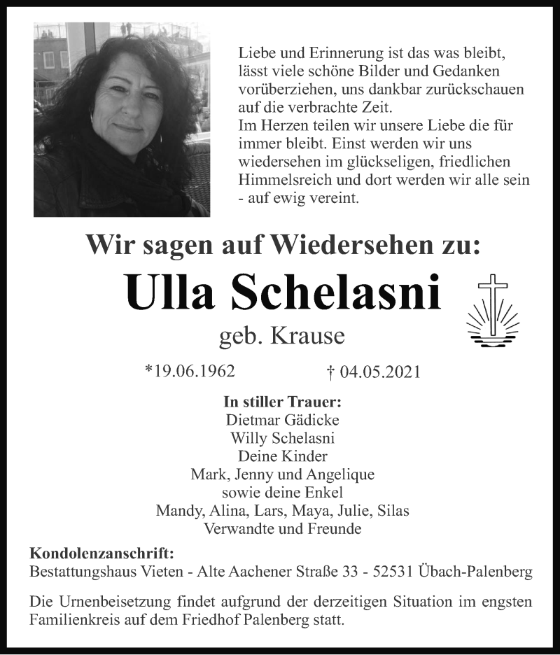  Traueranzeige für Ulla Schelasni vom 16.05.2021 aus Zeitung am Sonntag