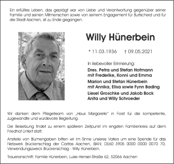 Traueranzeige von Willy Hünerbein von Aachener Zeitung / Aachener Nachrichten
