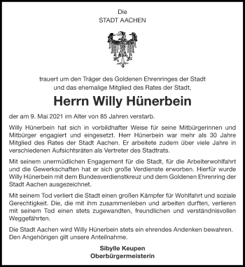 Traueranzeige von Willy Hünerbein von Aachener Zeitung / Aachener Nachrichten