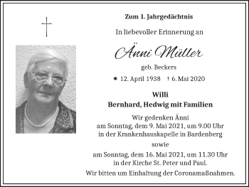 Traueranzeige von Änni Müller von Zeitung am Sonntag