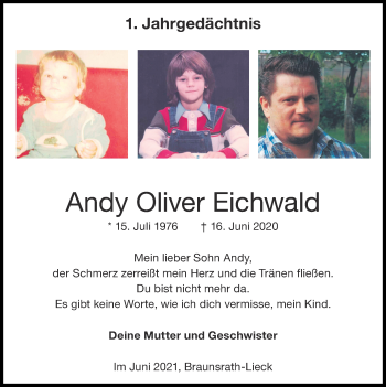 Traueranzeige von Andy Oliver Eichwald von Zeitung am Sonntag