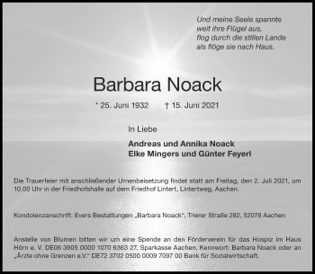 Traueranzeige von Barbara Noack von Aachener Zeitung / Aachener Nachrichten