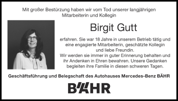 Traueranzeige von Birgit Gutt von Zeitung am Sonntag