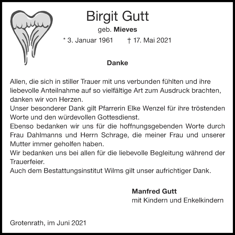  Traueranzeige für Birgit Gutt vom 27.06.2021 aus Zeitung am Sonntag