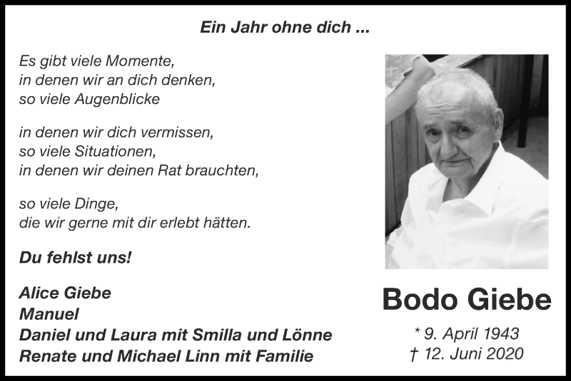  Traueranzeige für Bodo Giebe vom 13.06.2021 aus Zeitung am Sonntag