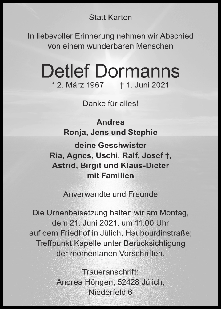  Traueranzeige für Detlef Dormanns vom 13.06.2021 aus Zeitung am Sonntag