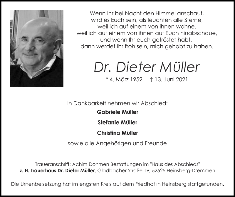  Traueranzeige für Dieter Müller vom 27.06.2021 aus Zeitung am Sonntag