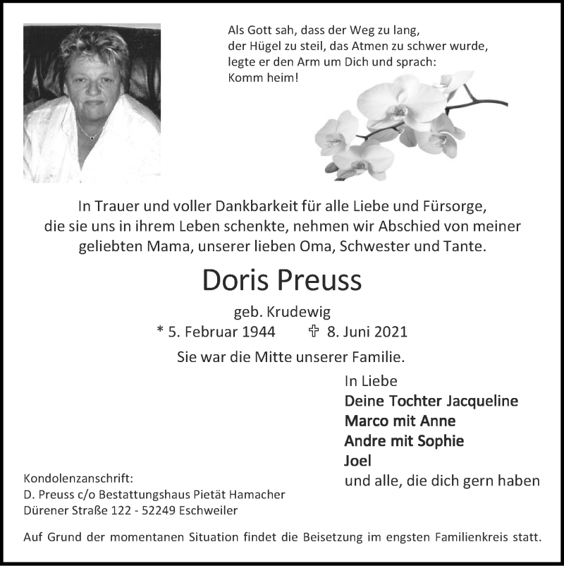  Traueranzeige für Doris Preuss vom 20.06.2021 aus Zeitung am Sonntag