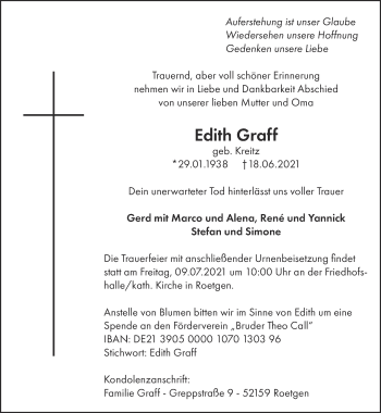 Traueranzeige von Edith Graff von Zeitung am Sonntag