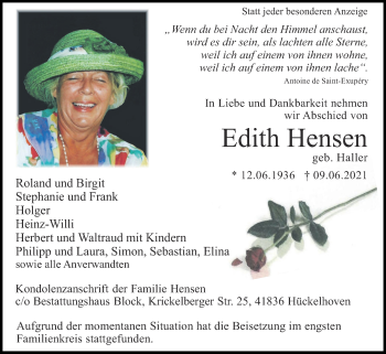 Traueranzeige von Edith Hensen von Zeitung am Sonntag