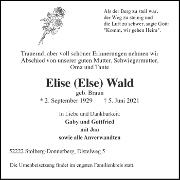 Traueranzeige von Elise Wald von Zeitung am Sonntag