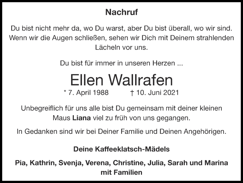  Traueranzeige für Ellen Wallrafen vom 20.06.2021 aus Zeitung am Sonntag