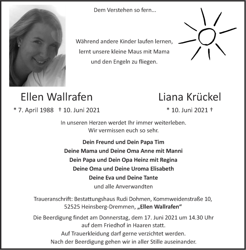  Traueranzeige für Ellen Wallrafen vom 15.06.2021 aus Aachener Zeitung / Aachener Nachrichten
