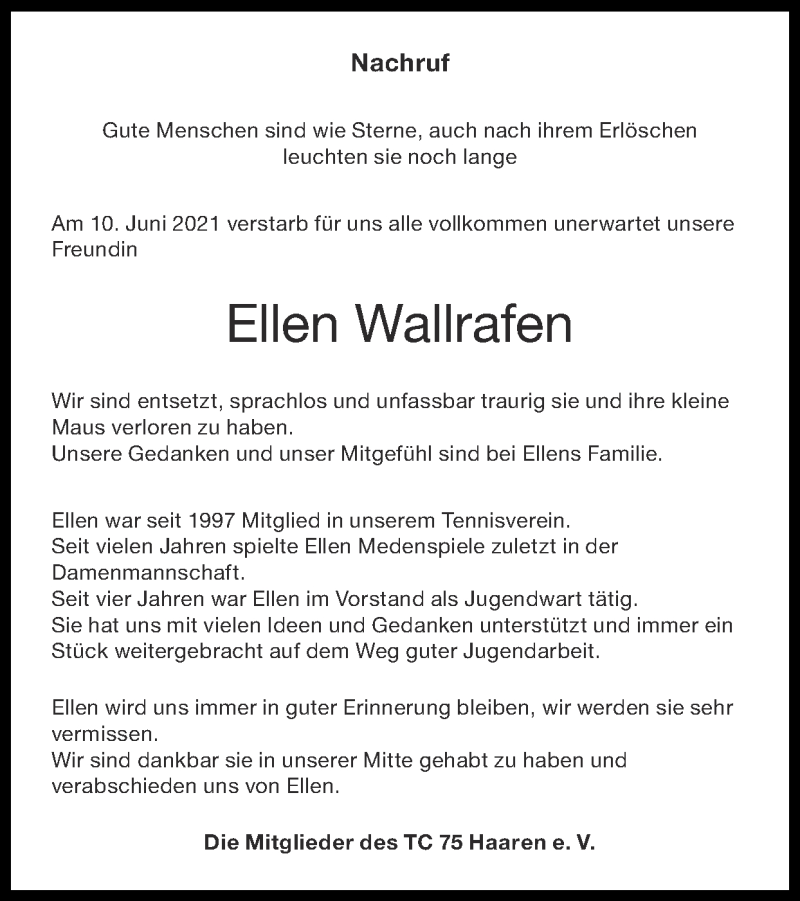  Traueranzeige für Ellen Wallrafen vom 27.06.2021 aus Zeitung am Sonntag