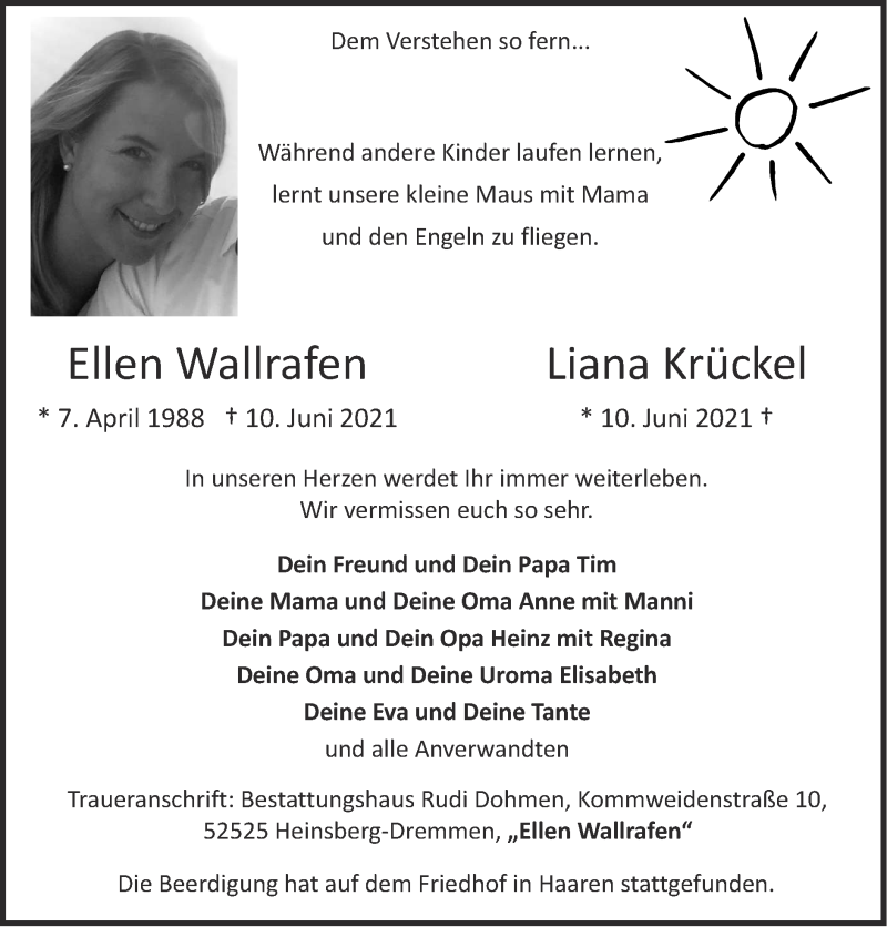  Traueranzeige für Ellen Wallrafen vom 20.06.2021 aus Zeitung am Sonntag