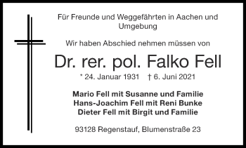 Traueranzeige von Falko Fell von Aachener Zeitung / Aachener Nachrichten