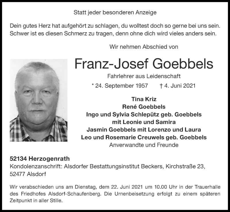  Traueranzeige für Franz-Josef Goebbels vom 20.06.2021 aus Zeitung am Sonntag
