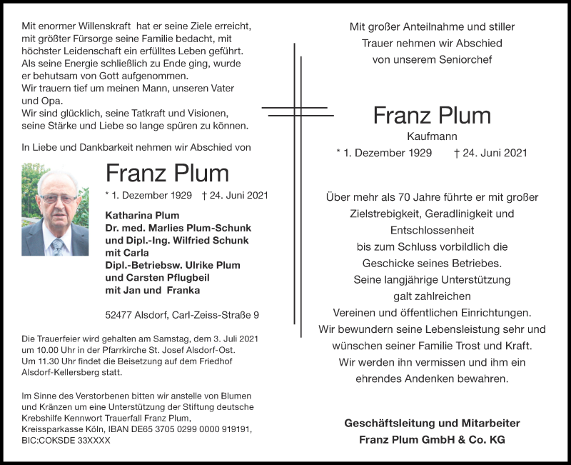  Traueranzeige für Franz Plum vom 30.06.2021 aus Aachener Zeitung / Aachener Nachrichten