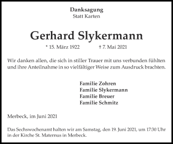Traueranzeige von Gerhard Slykermann von Zeitung am Sonntag