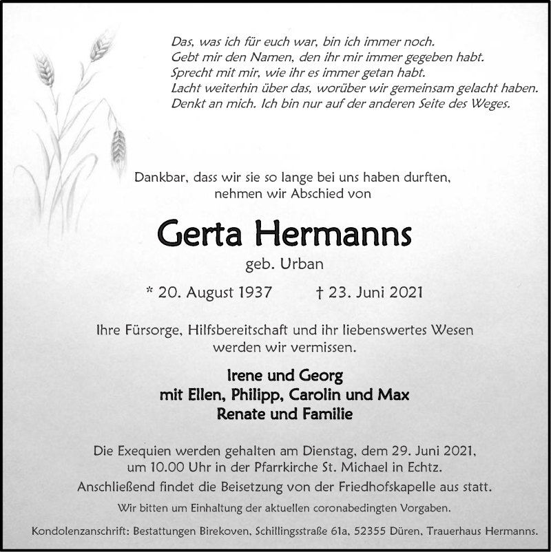  Traueranzeige für Gerta Hermanns vom 27.06.2021 aus Zeitung am Sonntag