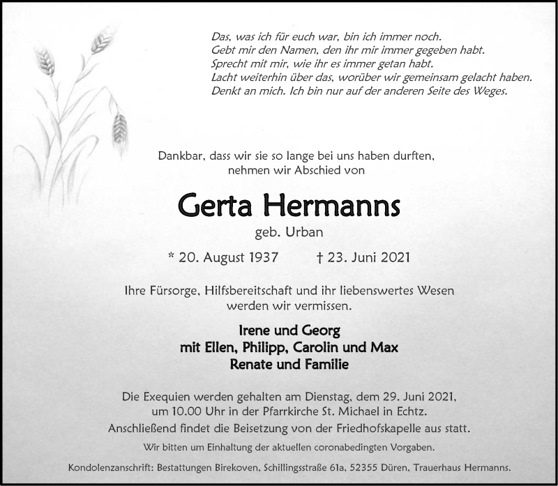  Traueranzeige für Gerta Hermanns vom 26.06.2021 aus Aachener Zeitung / Aachener Nachrichten