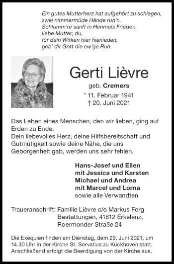Traueranzeige von Gerti Lièvre von Zeitung am Sonntag