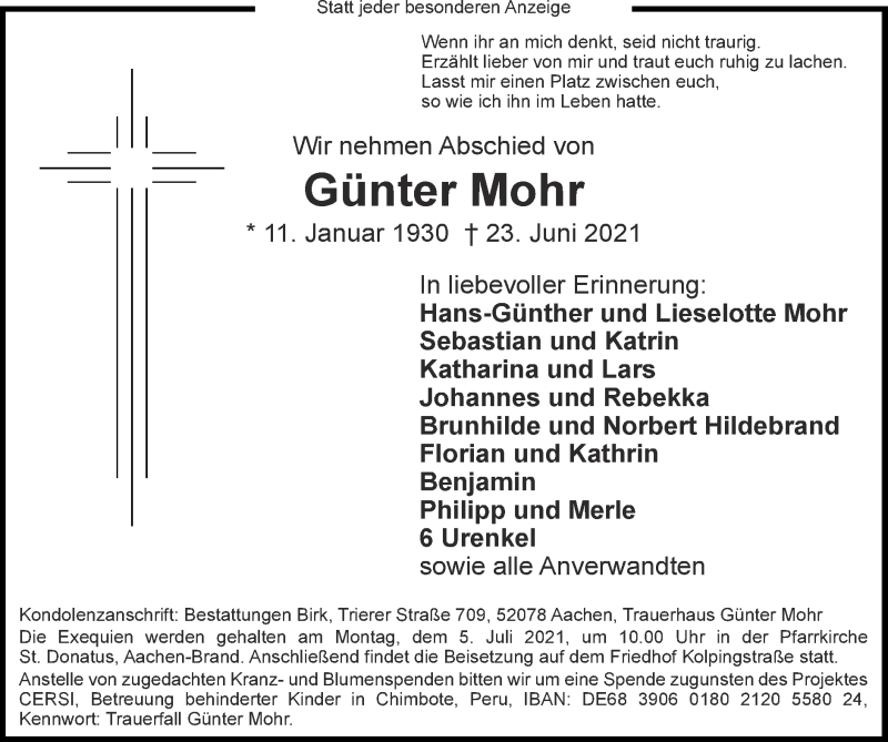  Traueranzeige für Günter Mohr vom 27.06.2021 aus Zeitung am Sonntag