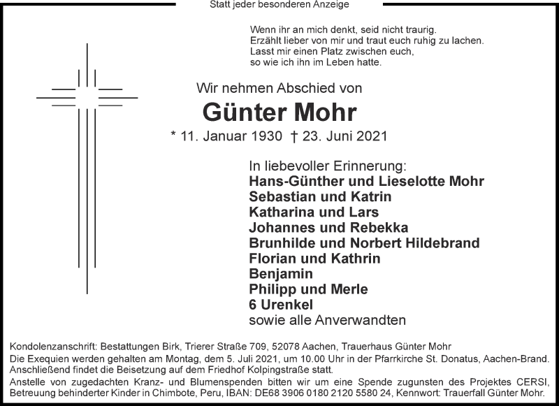  Traueranzeige für Günter Mohr vom 26.06.2021 aus Aachener Zeitung / Aachener Nachrichten