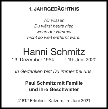 Traueranzeige von Hanni Schmitz von Zeitung am Sonntag