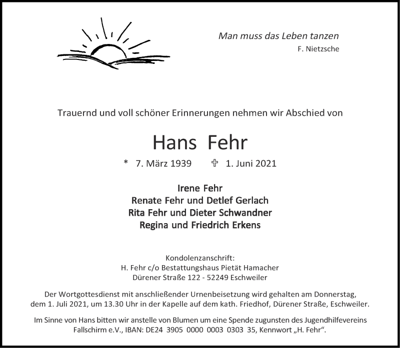  Traueranzeige für Hans Fehr vom 26.06.2021 aus Aachener Zeitung / Aachener Nachrichten