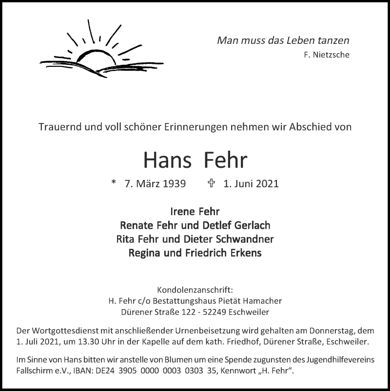  Traueranzeige für Hans Fehr vom 27.06.2021 aus Zeitung am Sonntag
