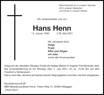 Traueranzeige von Hans Henn von Zeitung am Sonntag