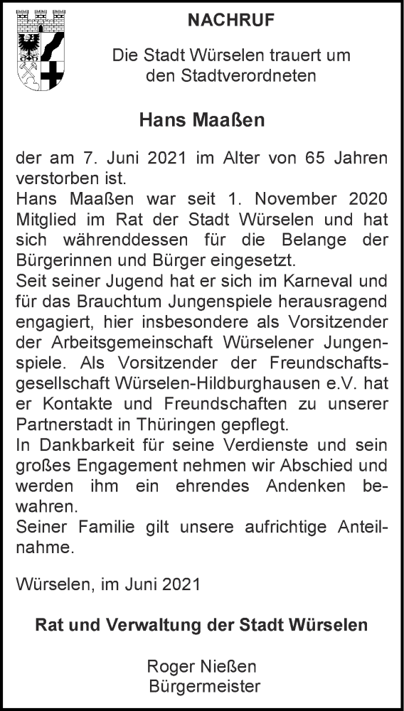  Traueranzeige für Hans Maaßen vom 13.06.2021 aus Zeitung am Sonntag