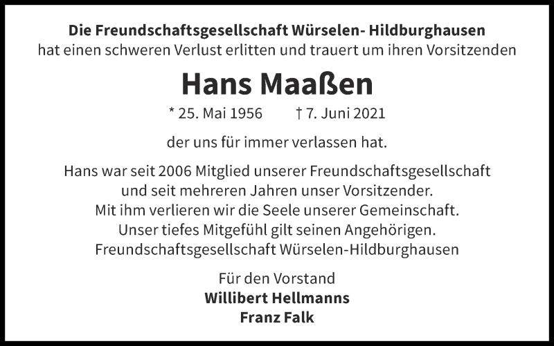  Traueranzeige für Hans Maaßen vom 13.06.2021 aus Zeitung am Sonntag