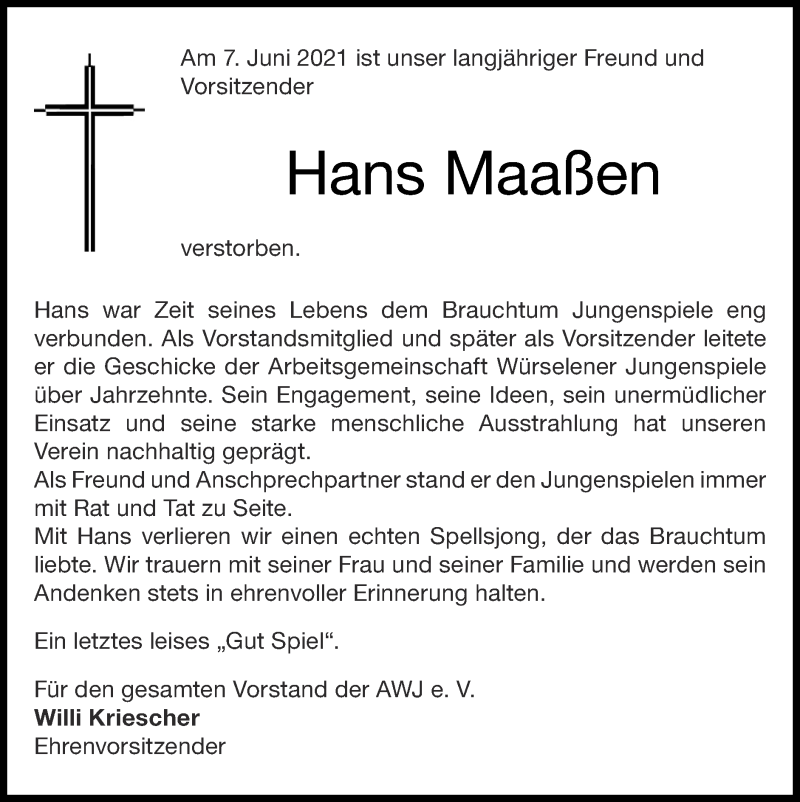  Traueranzeige für Hans Maaßen vom 13.06.2021 aus Zeitung am Sonntag