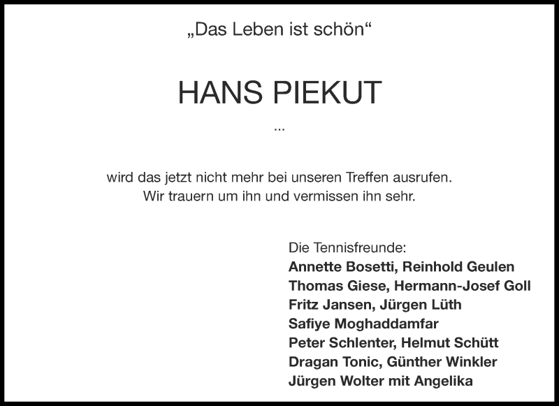  Traueranzeige für Hans Piekut vom 19.06.2021 aus Aachener Zeitung / Aachener Nachrichten