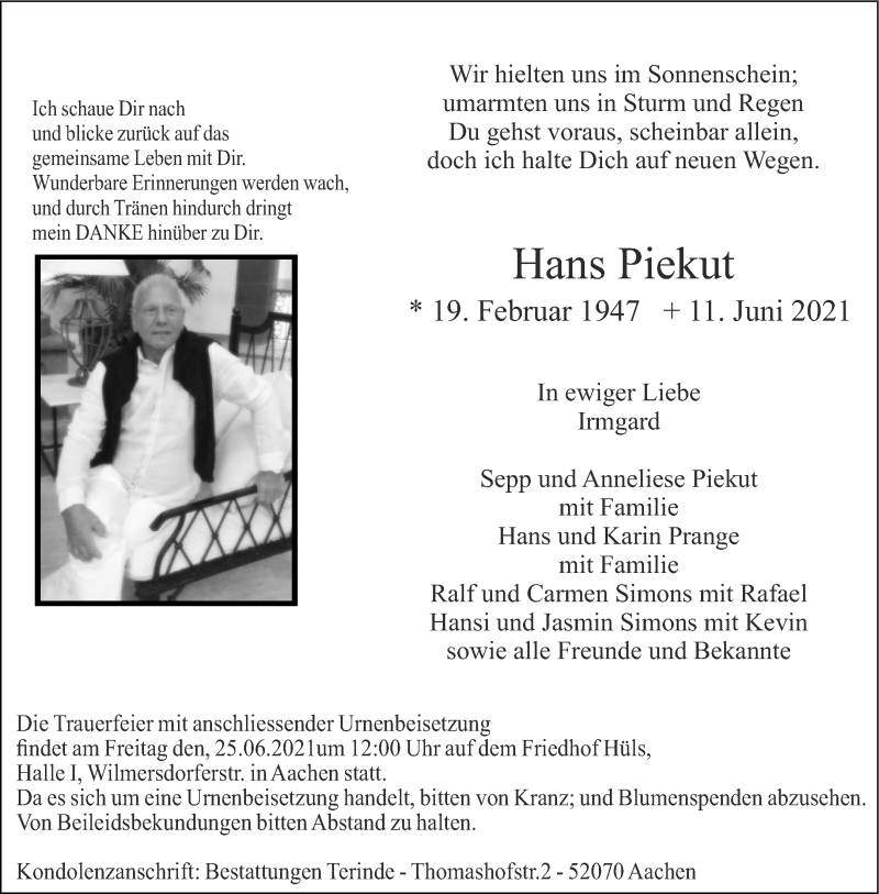  Traueranzeige für Hans Piekut vom 19.06.2021 aus Aachener Zeitung / Aachener Nachrichten