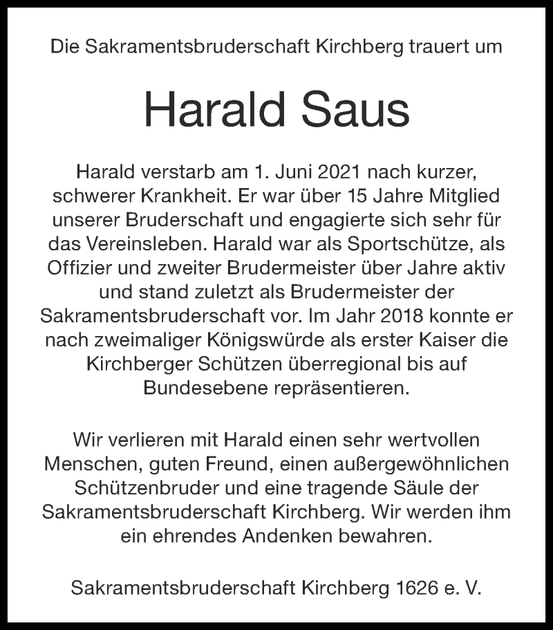  Traueranzeige für Harald Saus vom 20.06.2021 aus Zeitung am Sonntag