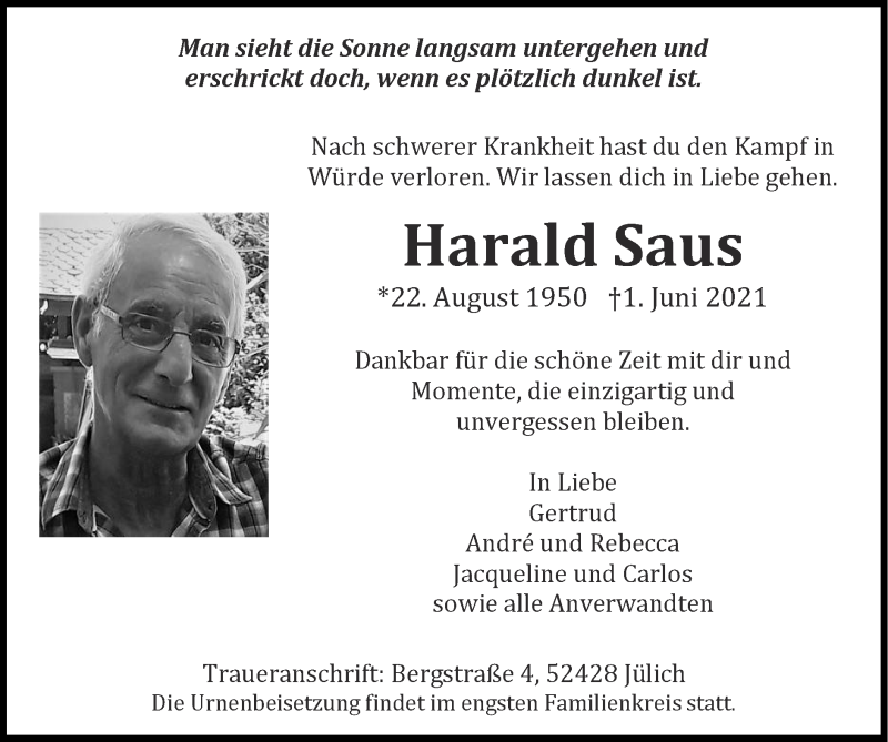  Traueranzeige für Harald Saus vom 06.06.2021 aus Zeitung am Sonntag