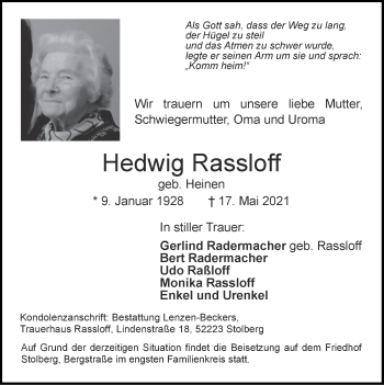 Traueranzeige von Hedwig Rassloff von Zeitung am Sonntag