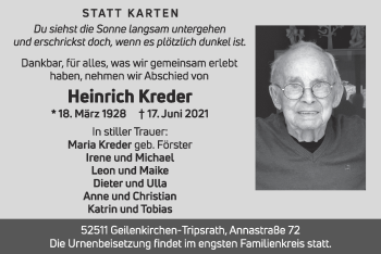 Traueranzeige von Heinrich Kreder von Zeitung am Sonntag